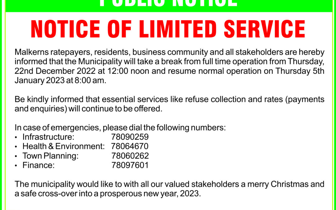 NOTICE OF LIMITED SERVICE